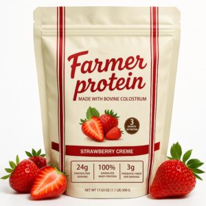 Ballerina Farm Protein Powder, Grass-Fed Whey Protein Powder with 24g Protein & 3g Prebiotic Fiber, Strawberry Cream, Immune & Gut Health Support, No Added Sugar, Non-GMO, 25 Servings, 1.1lb